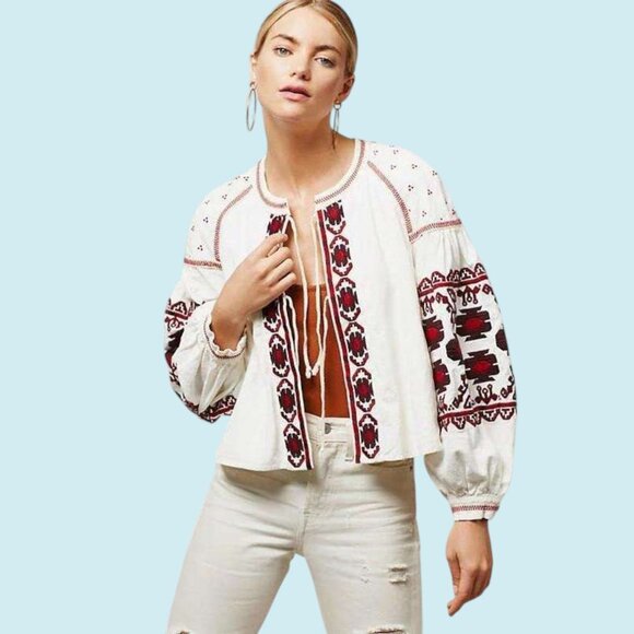 Free People Swing Jacket Women's Size Large Off White Red Boho Embroidered Top - Picture 3 of 16